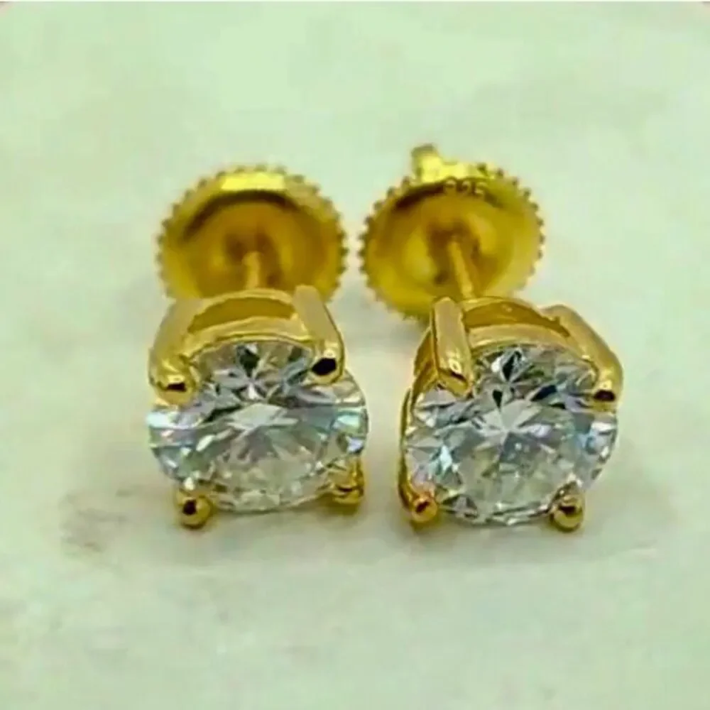 Stunning 6.5mm Moissanite Round Screw Back 18k Gold Solitaire Stud Earrings 2ctw - Picture 6 of 9